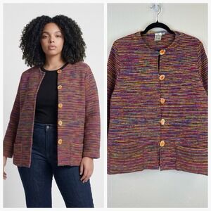 Artsy Colorful Woven Jacket Size XL Button Front Boho Natural Cotton Lagenlook
